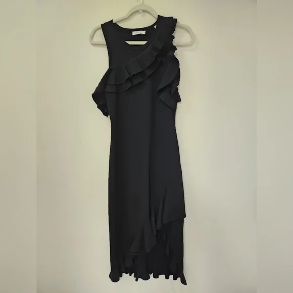 ALC Kellam Black Ribbed Cold Shoulder Ruffle Trim Stretch Knit Midi Dress Large - Picture 7 of 16